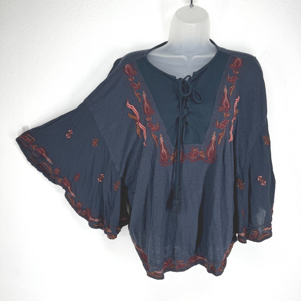 Lucky Brand Womens Navy Floral Embroidered Boho Lace Up Butterfly Sleeves Large